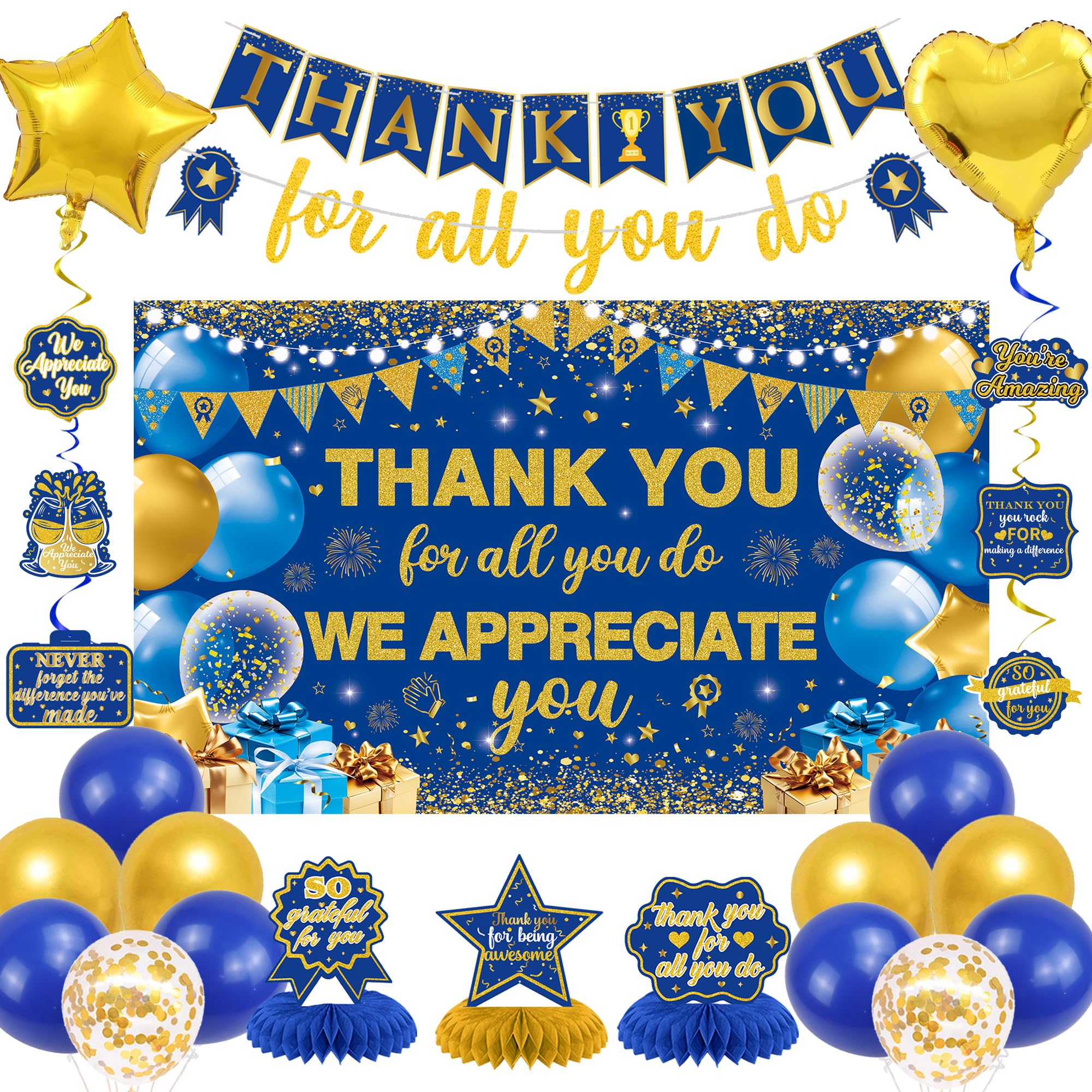 Vlipoeasn We Appreciate You banner backdrop bright blue and gold for a polished celebration