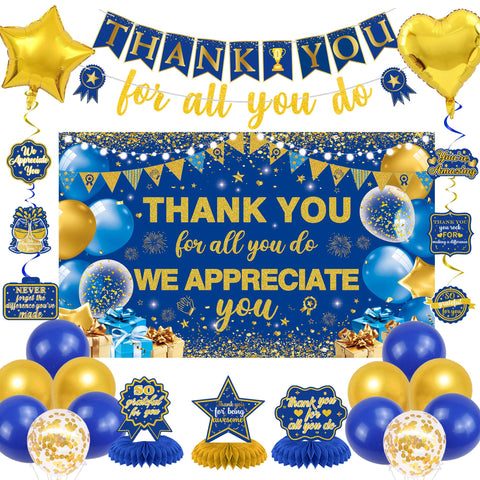 Vlipoeasn We Appreciate You banner backdrop bright blue and gold for a polished celebration
