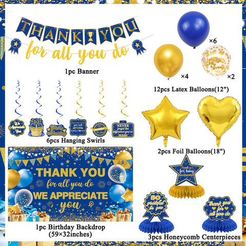 Vlipoeasn blue-gold foil balloons adding sparkle to an appreciation event
