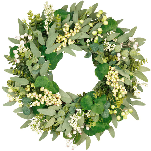 Vlorart 22-inch artificial wreath with eucalyptus for year-round curb appeal.