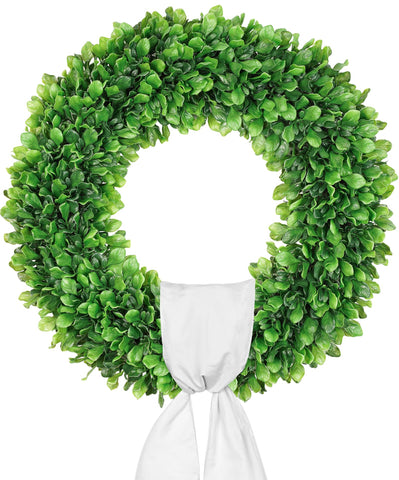 Vlorart 24-inch boxwood wreath on front door for year-round curb appeal.