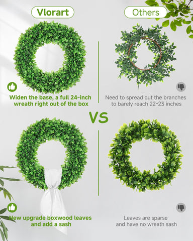 Outdoor-ready boxwood wreath installed on an exterior wall.