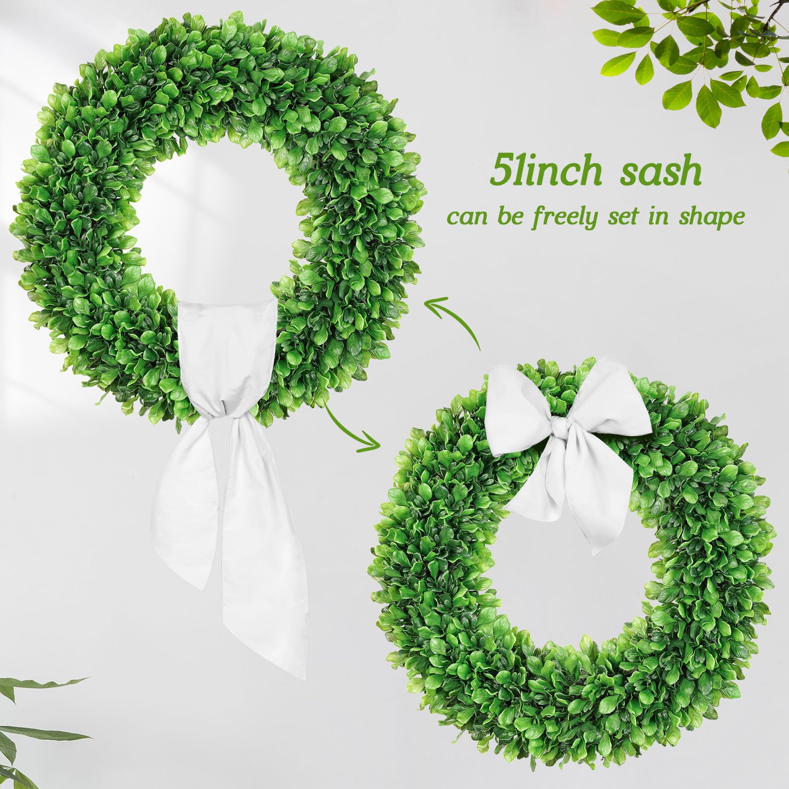 Wreath material shown as UV-protected for long-lasting color.