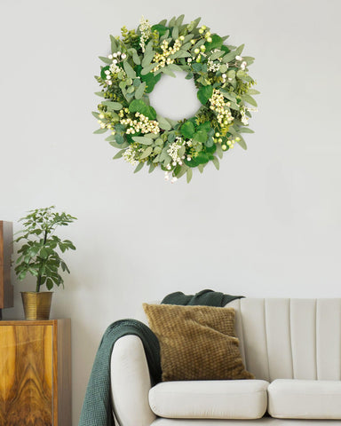 Vlorart wreath close-up highlights eucalyptus leaves for natural realism.