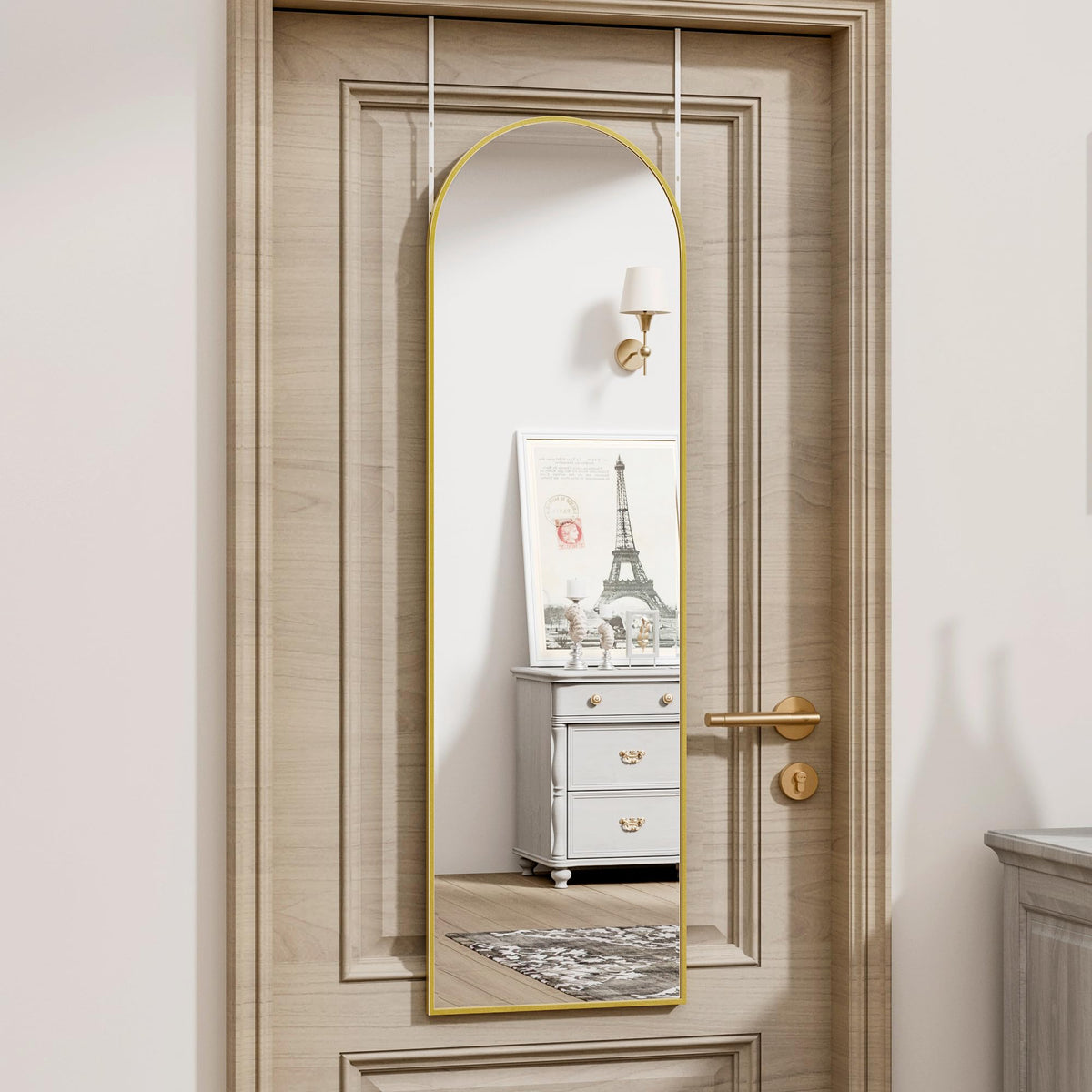 Vlush door mirror arch full-length in gold reflecting outfits clearly