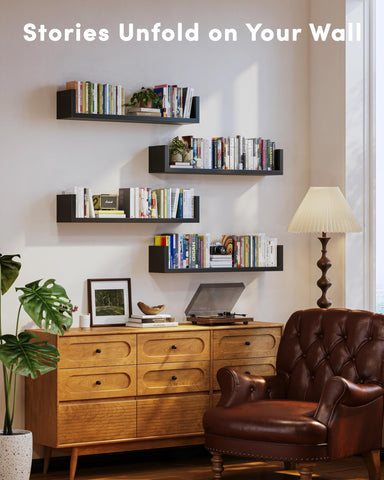 VMROF U-shaped floating shelf profile close-up showing wood grain