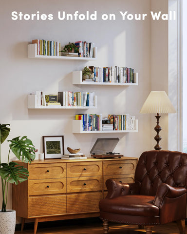 VMROF wall bookshelf showing a seamless floating look with hidden mounting