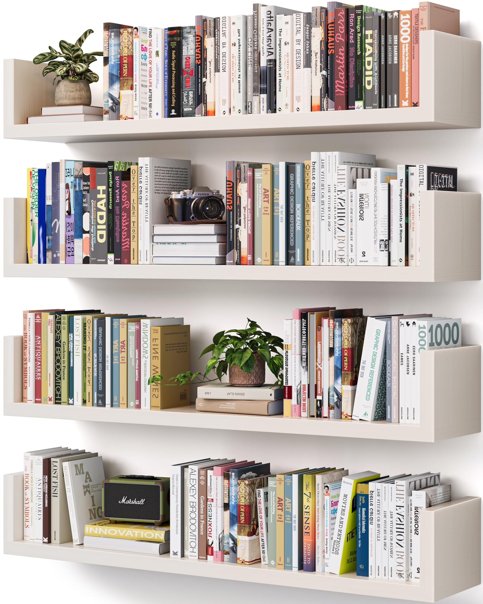 VMROF wall bookshelf in white with floating design for clutter-free storage
