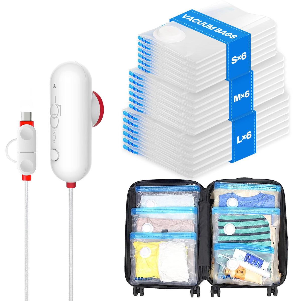 VMstr vacuum seal bag with USB pump shown for easy on-the-go compression.