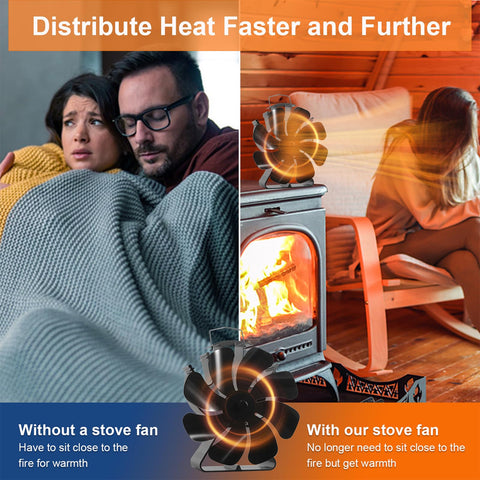 VODA wood-burning stove with fan pushing warm air across room