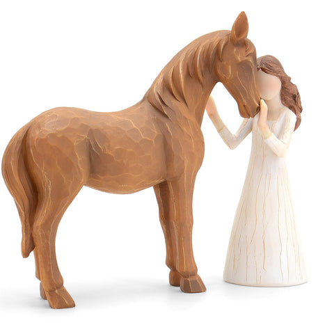 Vofstand girl embraces horse figurine in hand-painted resin for horse lovers.