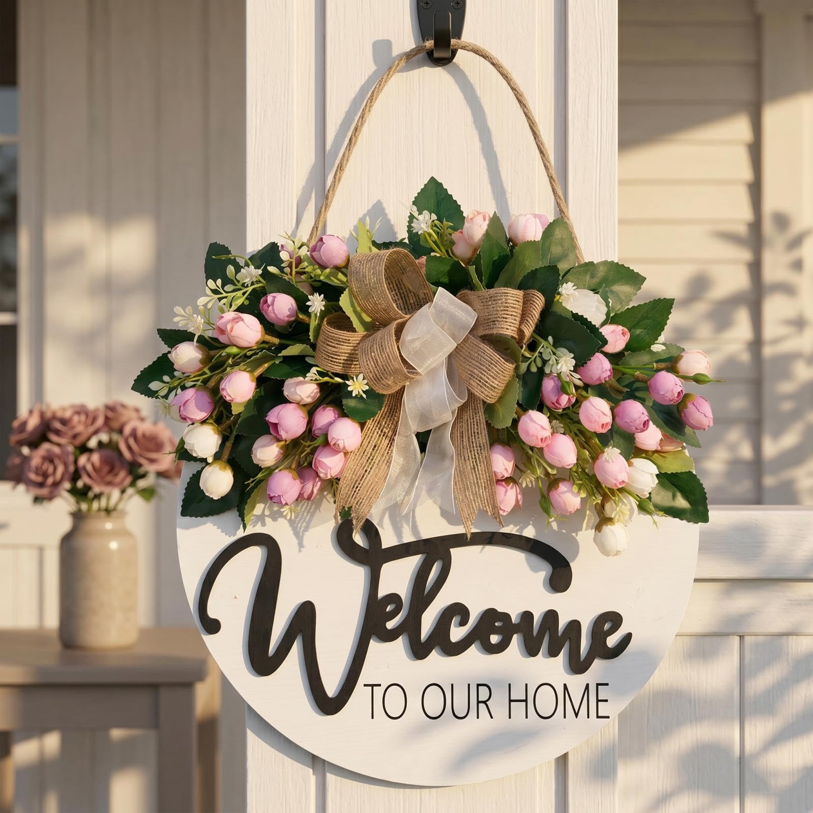 Vofuly pink flower wreath 3D accent for doors and entrances.