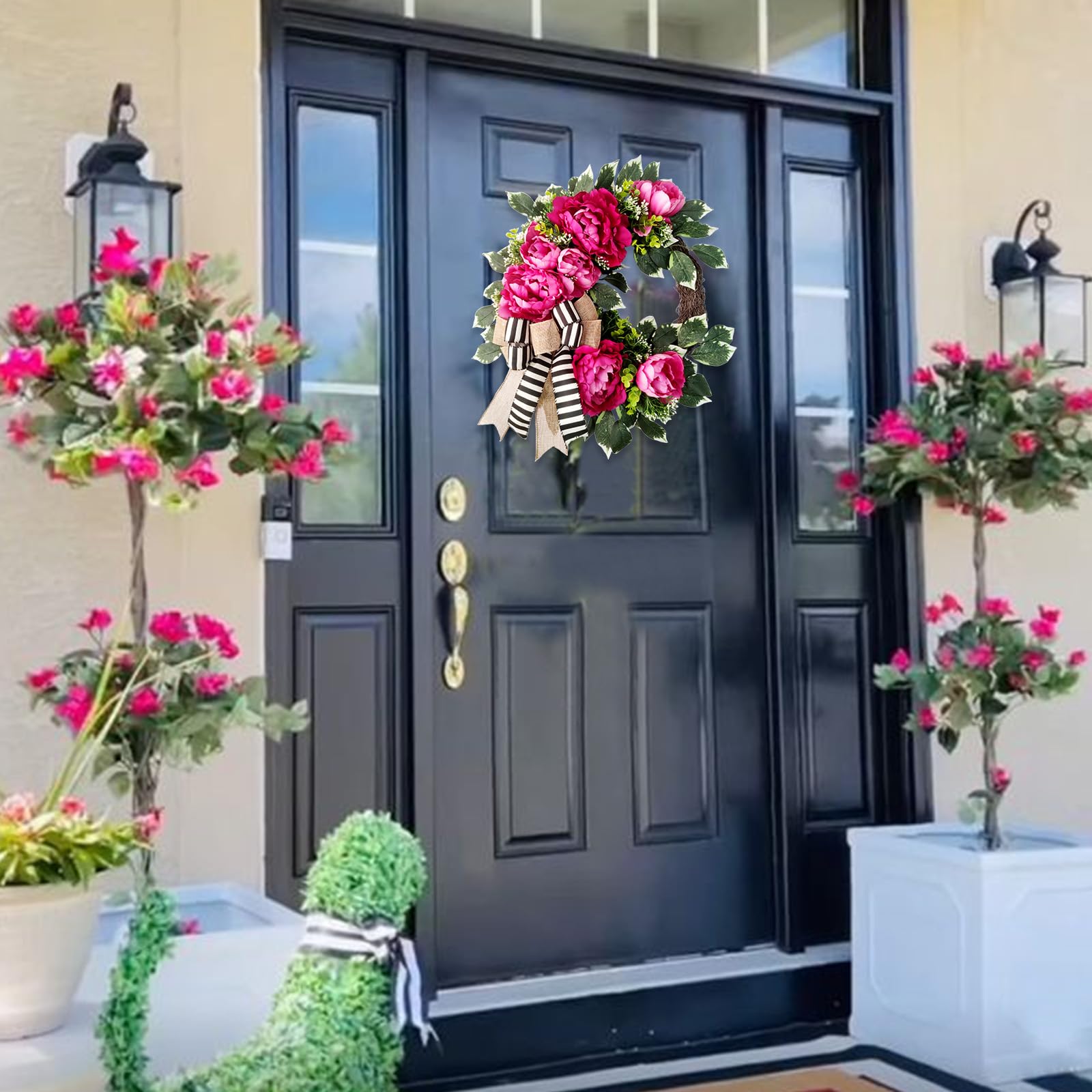 Vofuly pink peony wreath highlights bright blossoms for a romantic entry.