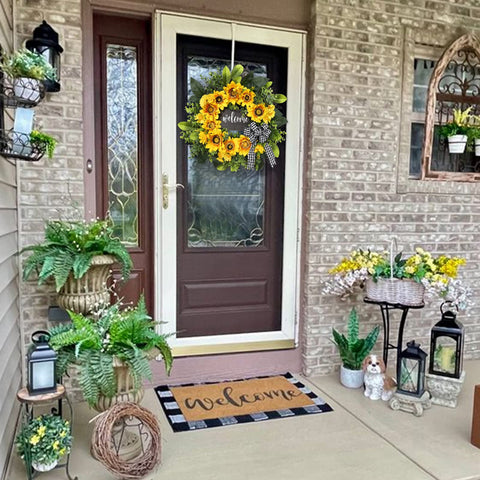 Vofuly sunflower wreath 20-inch grapevine base enhances front door appeal.