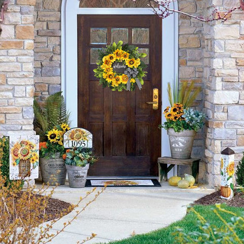 Vofuly sunflower wreath with buffalo plaid bow complements farmhouse style.