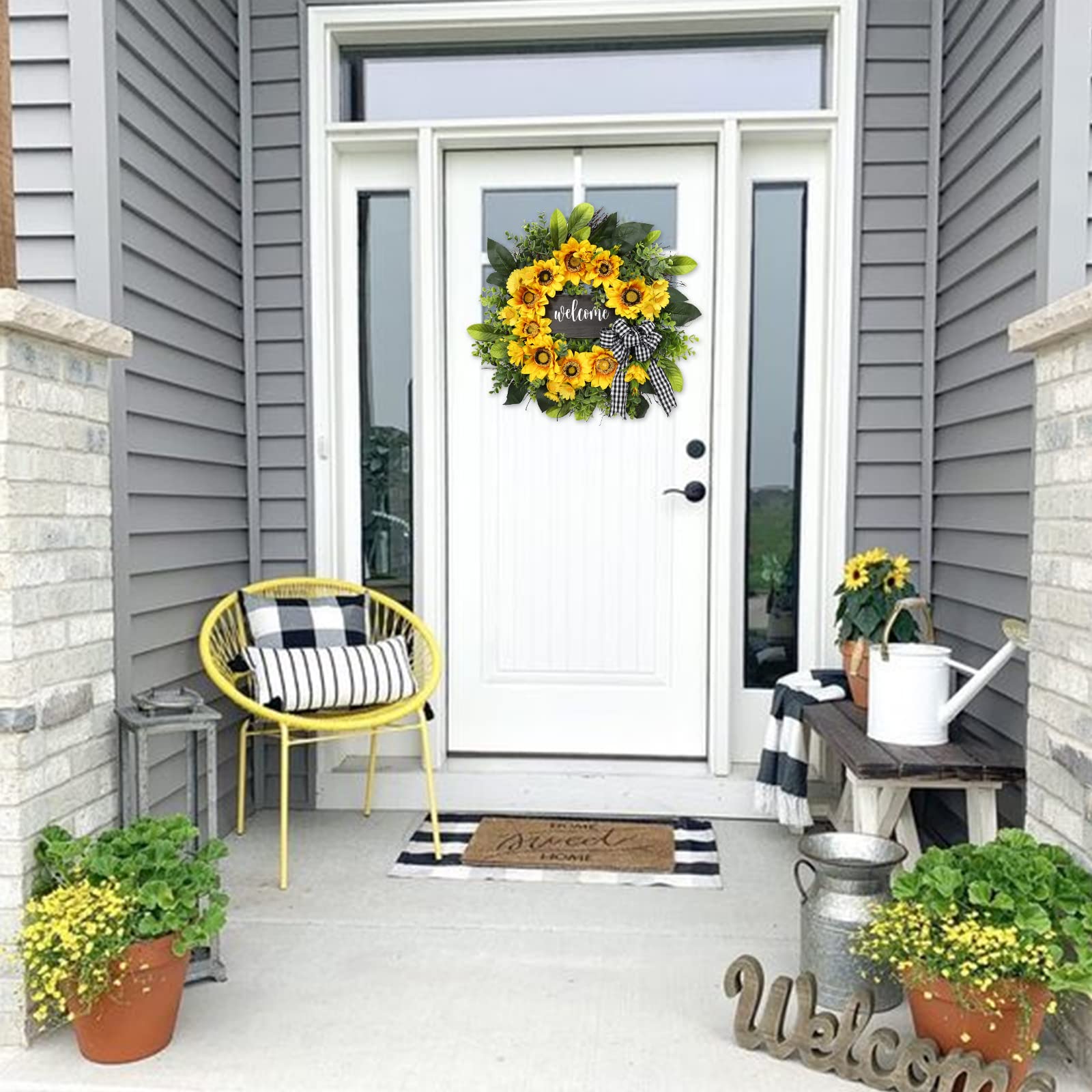 Vofuly sunflower wreath with green foliage detail for year-round brightness.