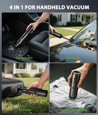 Voice-tank car vacuum with 4-in-1 accessories for versatile car cleaning tasks.