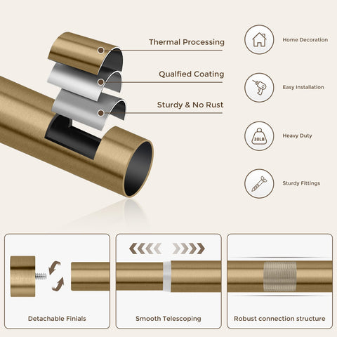 VOIIY warm gold curtain rod packaging and hardware included for easy setup