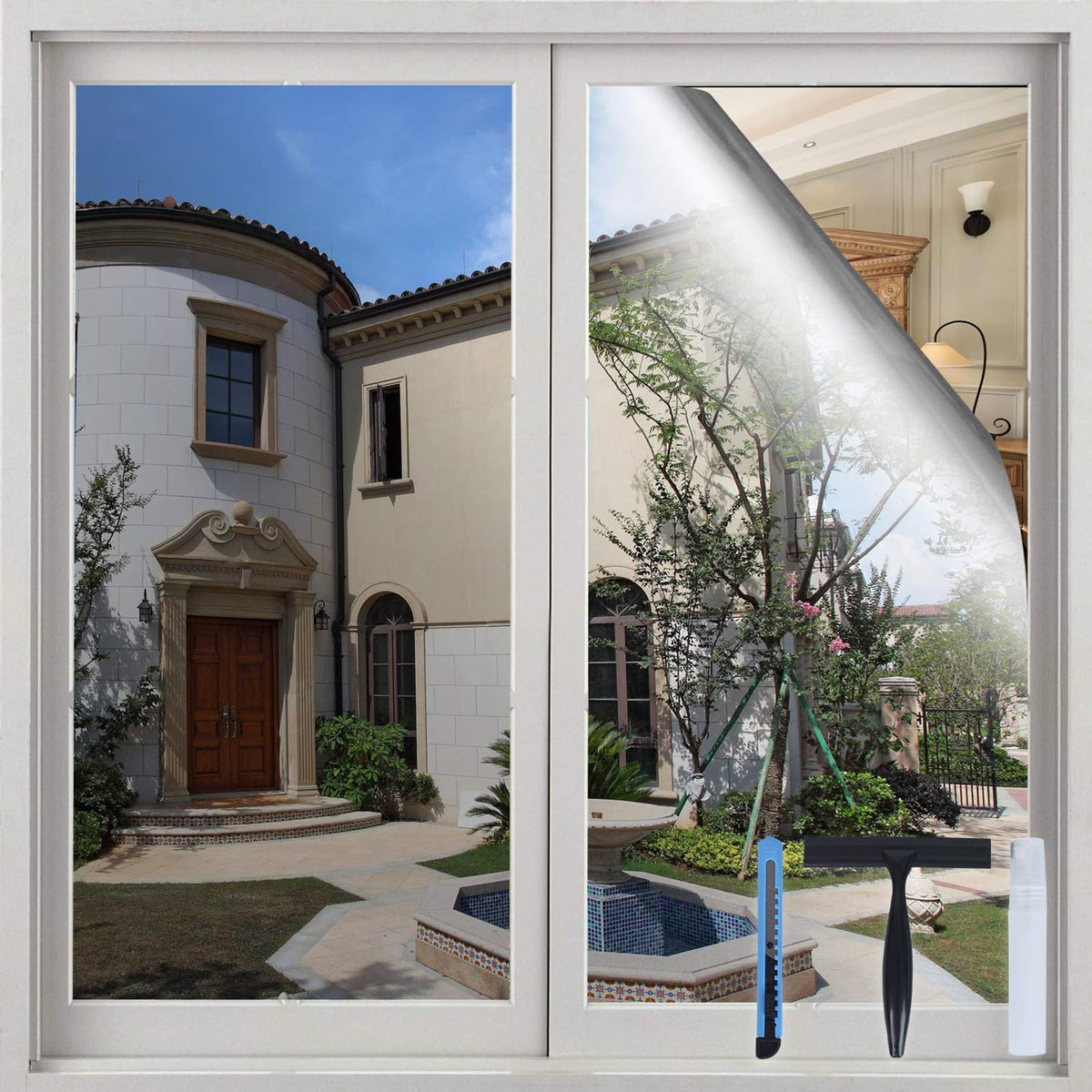 Volcanics one-way privacy film in silver on glass, showing daytime privacy and reflectivity.