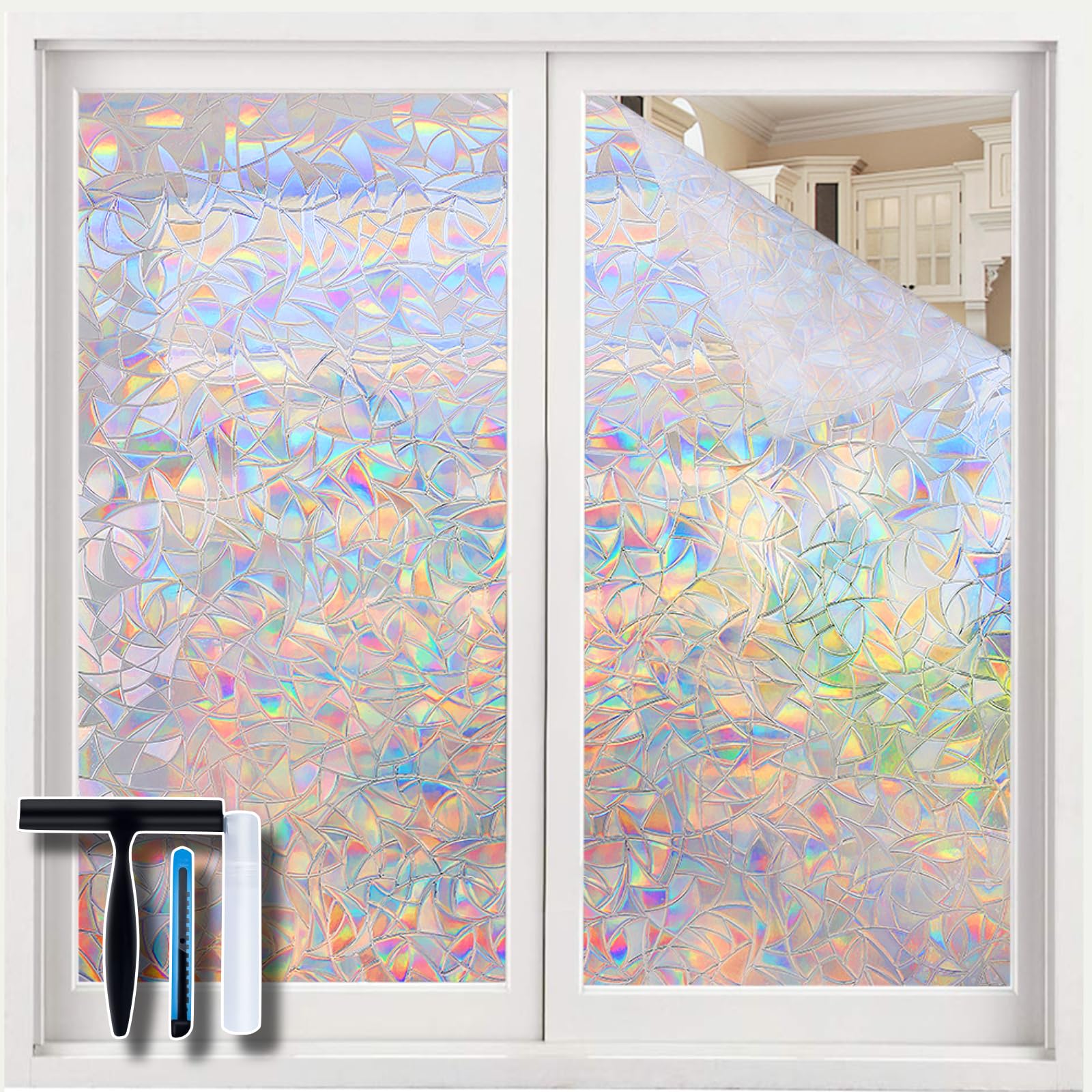 Volcanics rainbow window film close-up showing privacy benefits.