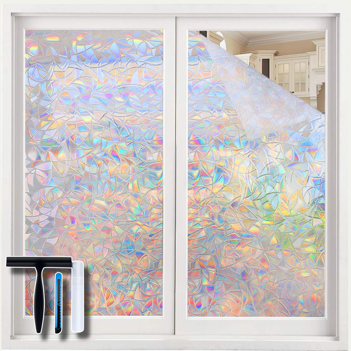 Volcanics rainbow window film close-up showing privacy benefits.