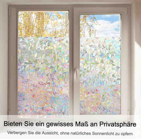 Volcanics rainbow window film catching sunlight for colorful light diffusion.