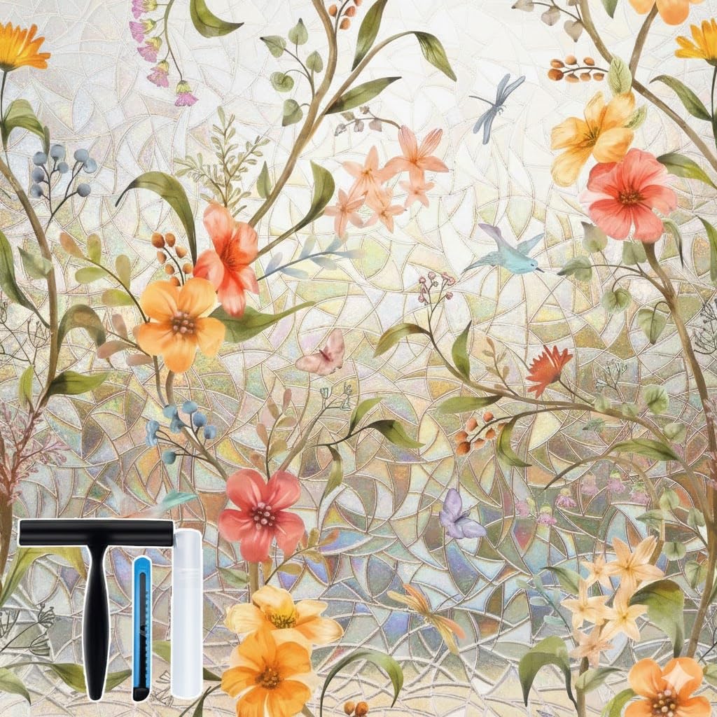 Volcanics stained glass floral design window film enhances color and light diffusion.