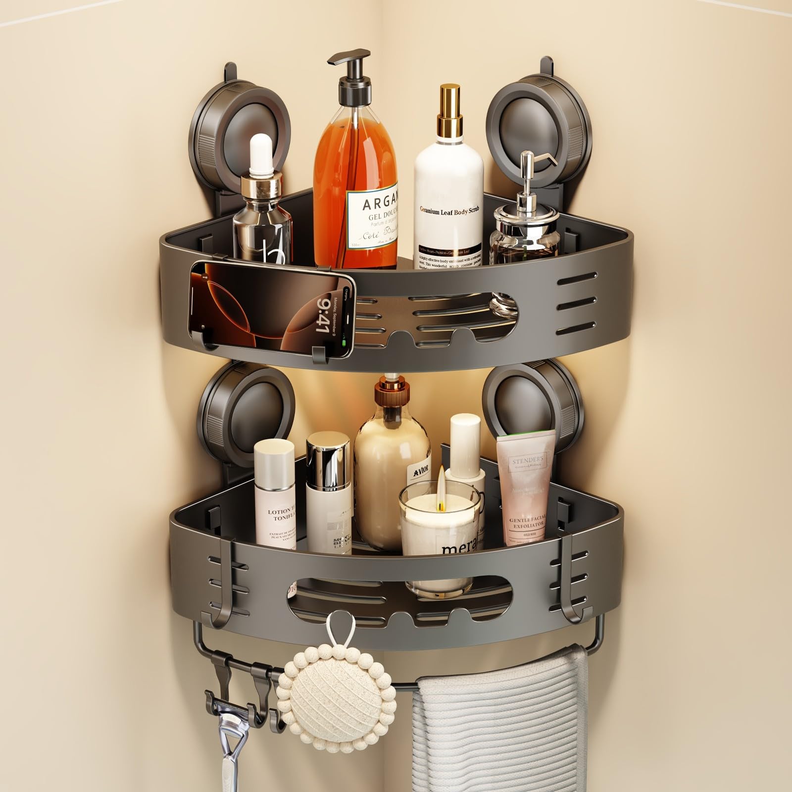 Voldra corner shower caddy with suction cups mounted on tile for secure storage