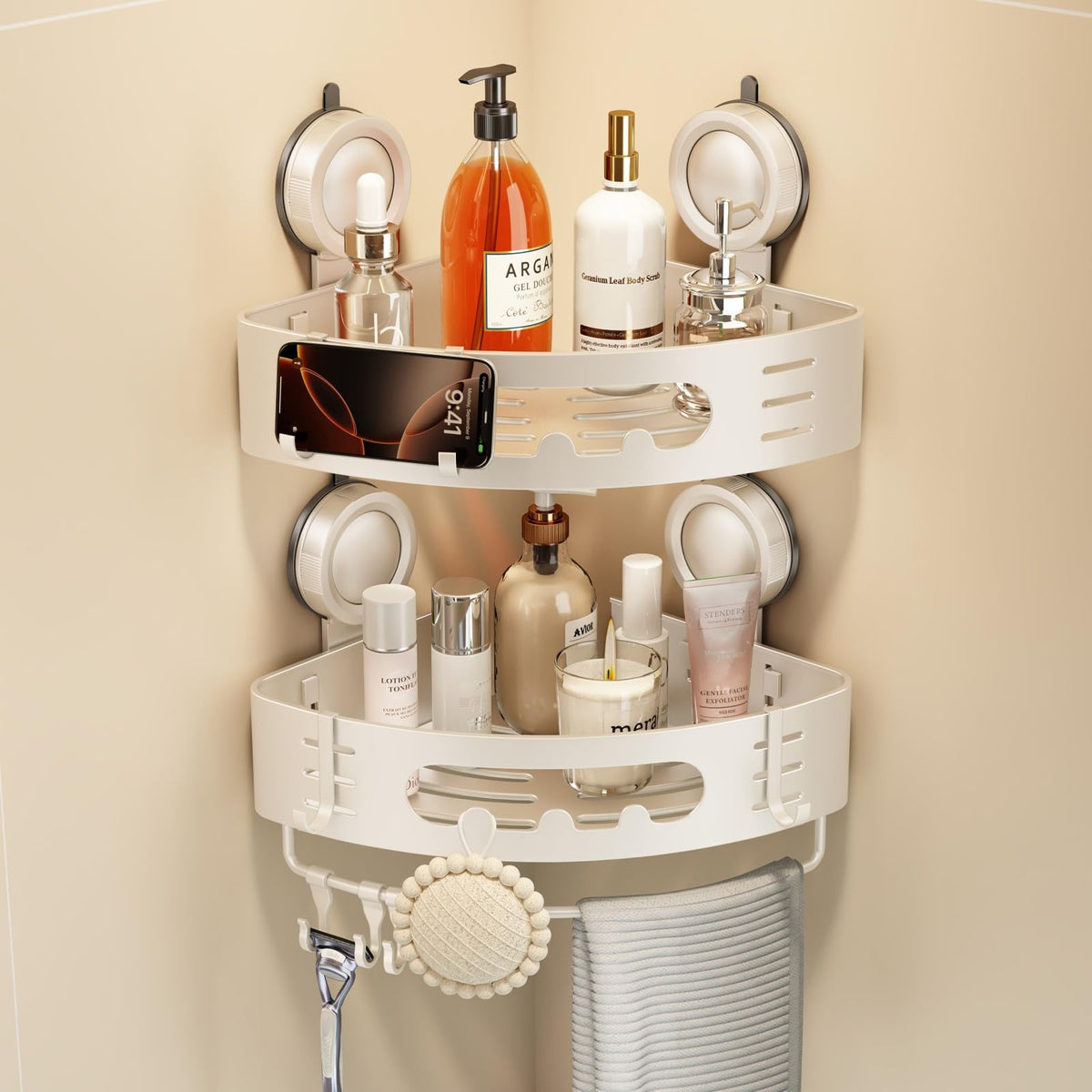 Voldra corner shower caddy suction cup keeps bottles organized in a tight bathroom corner.