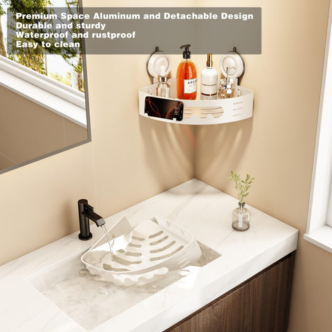 Voldra multi-function shelf holds bottles, towels, and gadgets.
