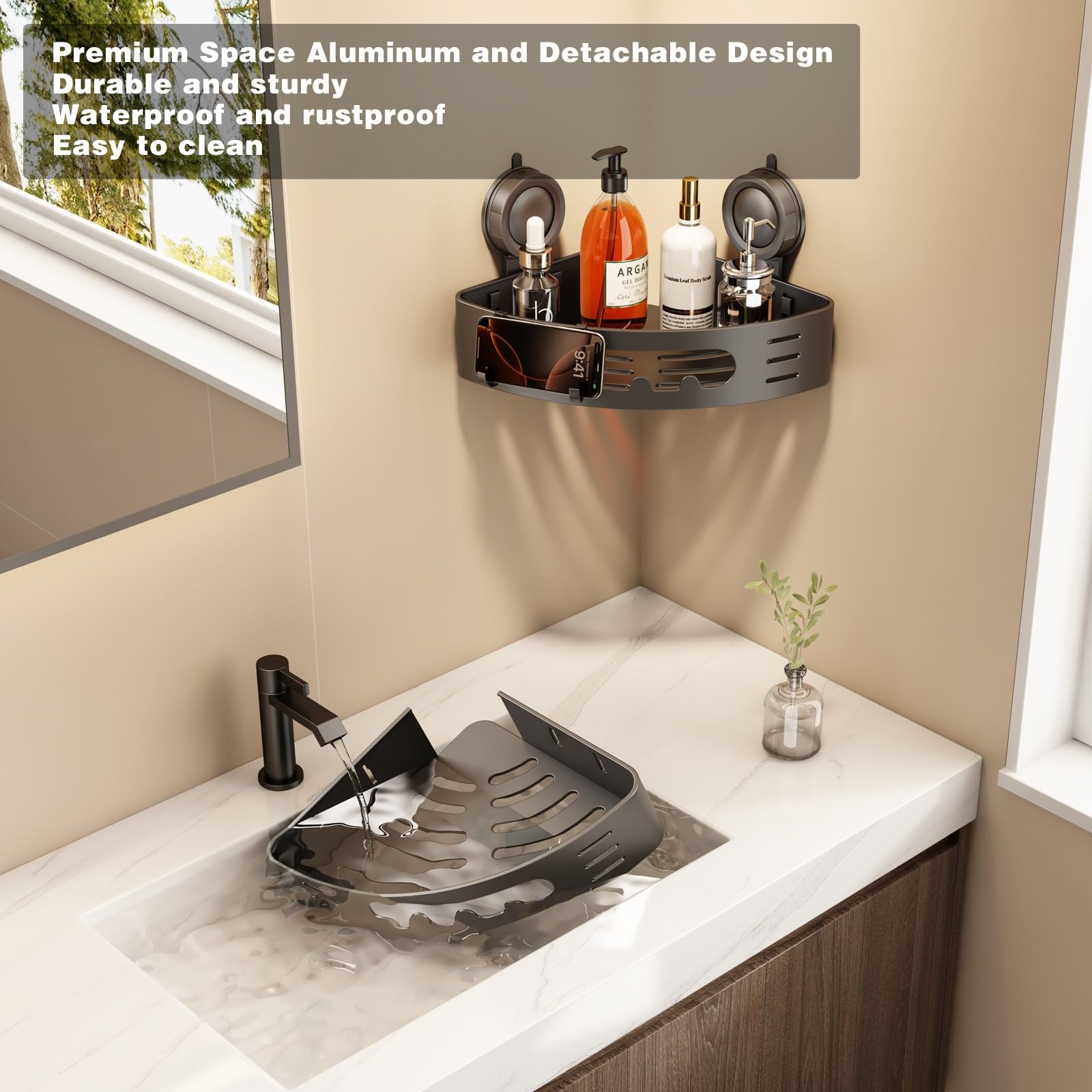 Voldra rust-proof aluminum shelf resists corrosion in a wet bathroom