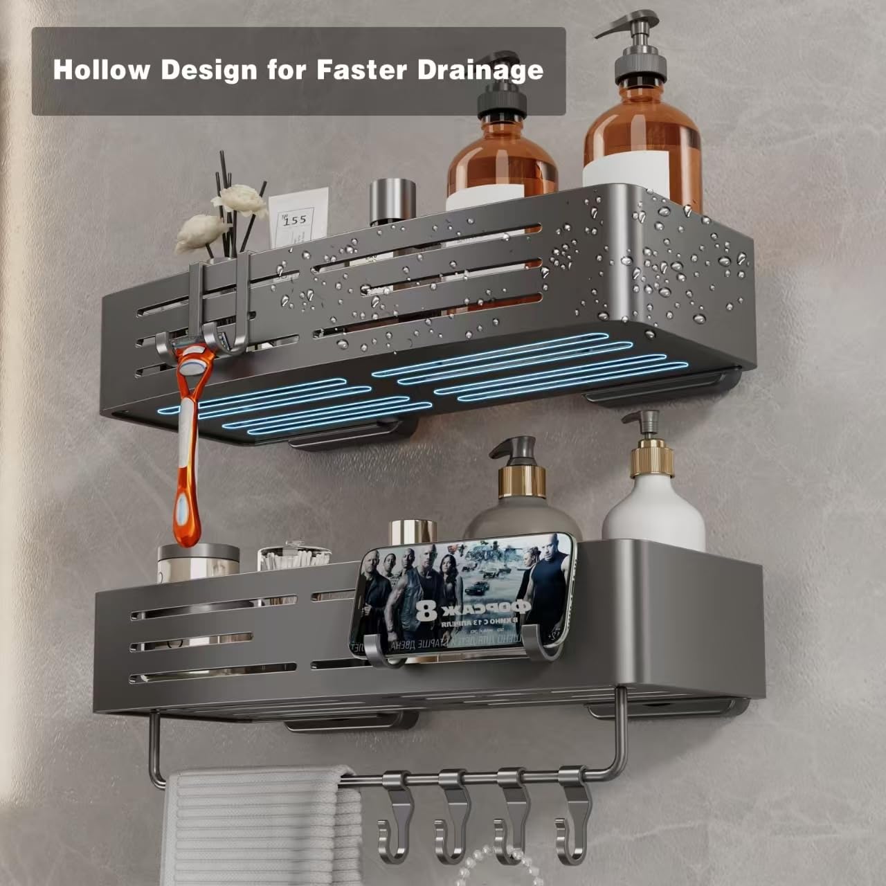 Voldra detachable hooks provide versatile hanging for razors, brushes, and accessories.