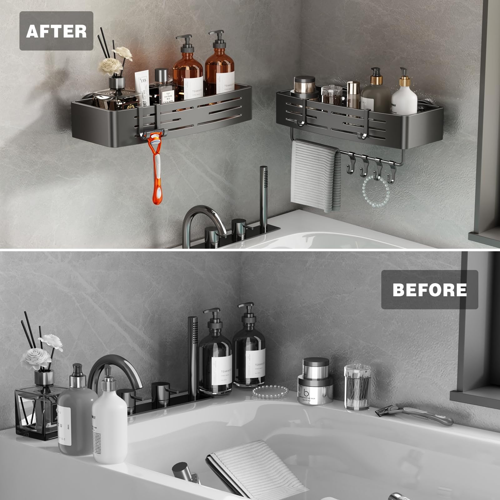 Voldra minimalist shower caddy complements modern bathroom decor while saving space.