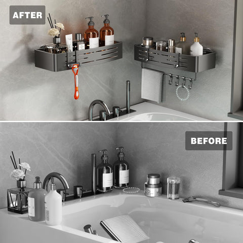 Voldra minimalist shower caddy complements modern bathroom decor while saving space.