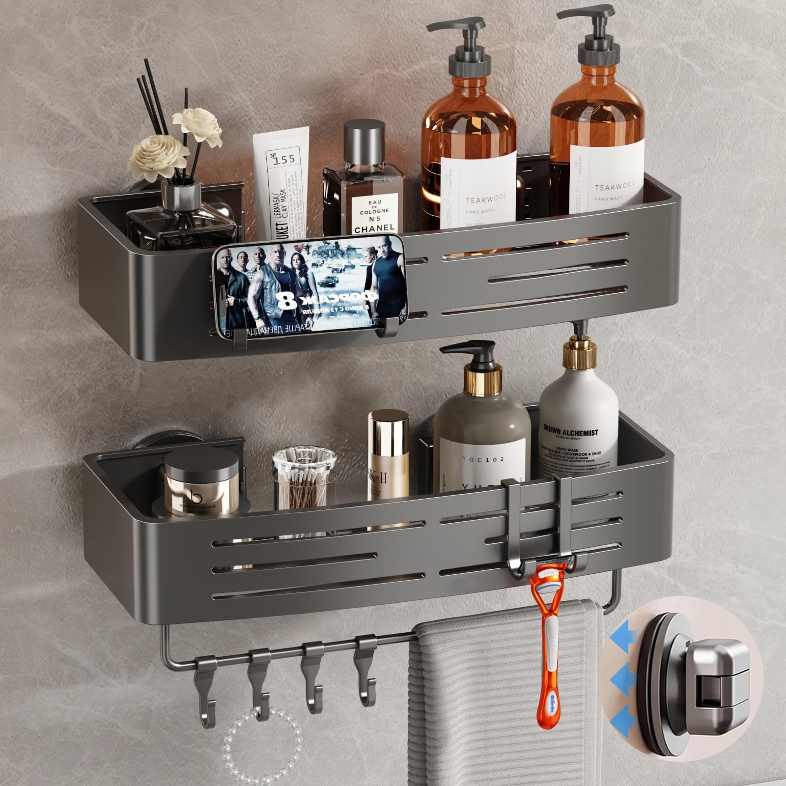 Voldra shower caddy suction 2-pack on wall securely organizes bottles in the shower.