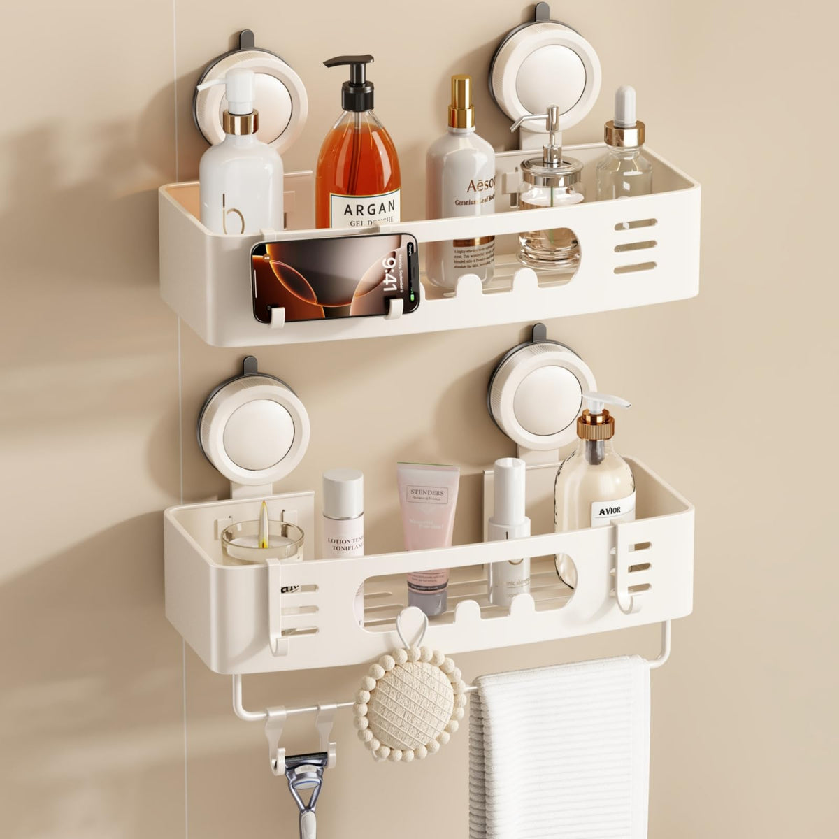 Voldra shower caddy with suction cups keeps bottles organized and off the tub floor