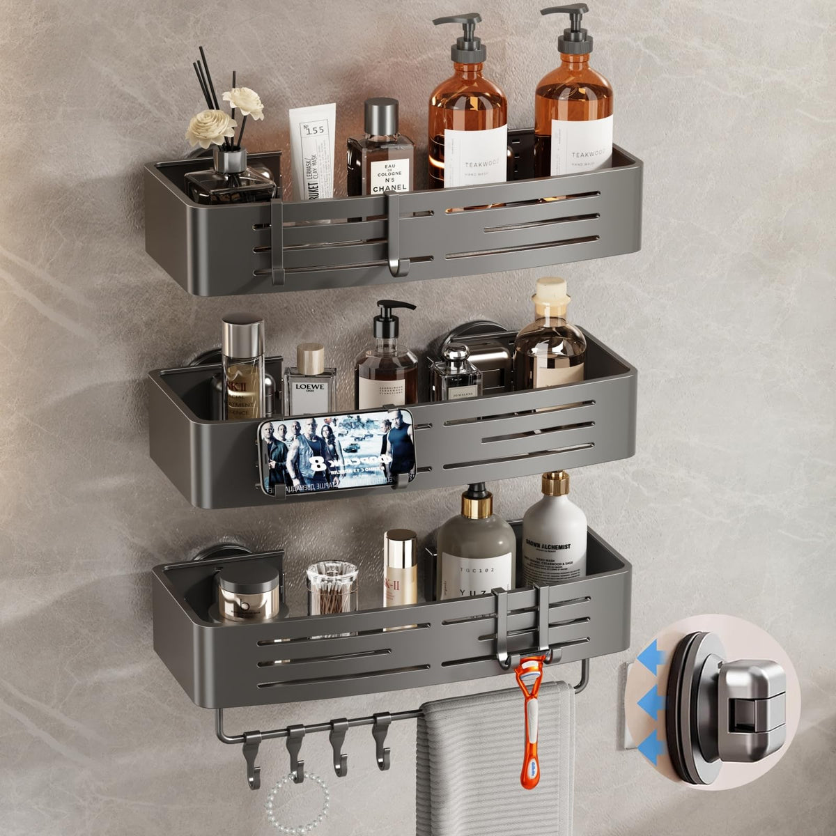 Voldra shower caddy suction cup on tile for secure storage