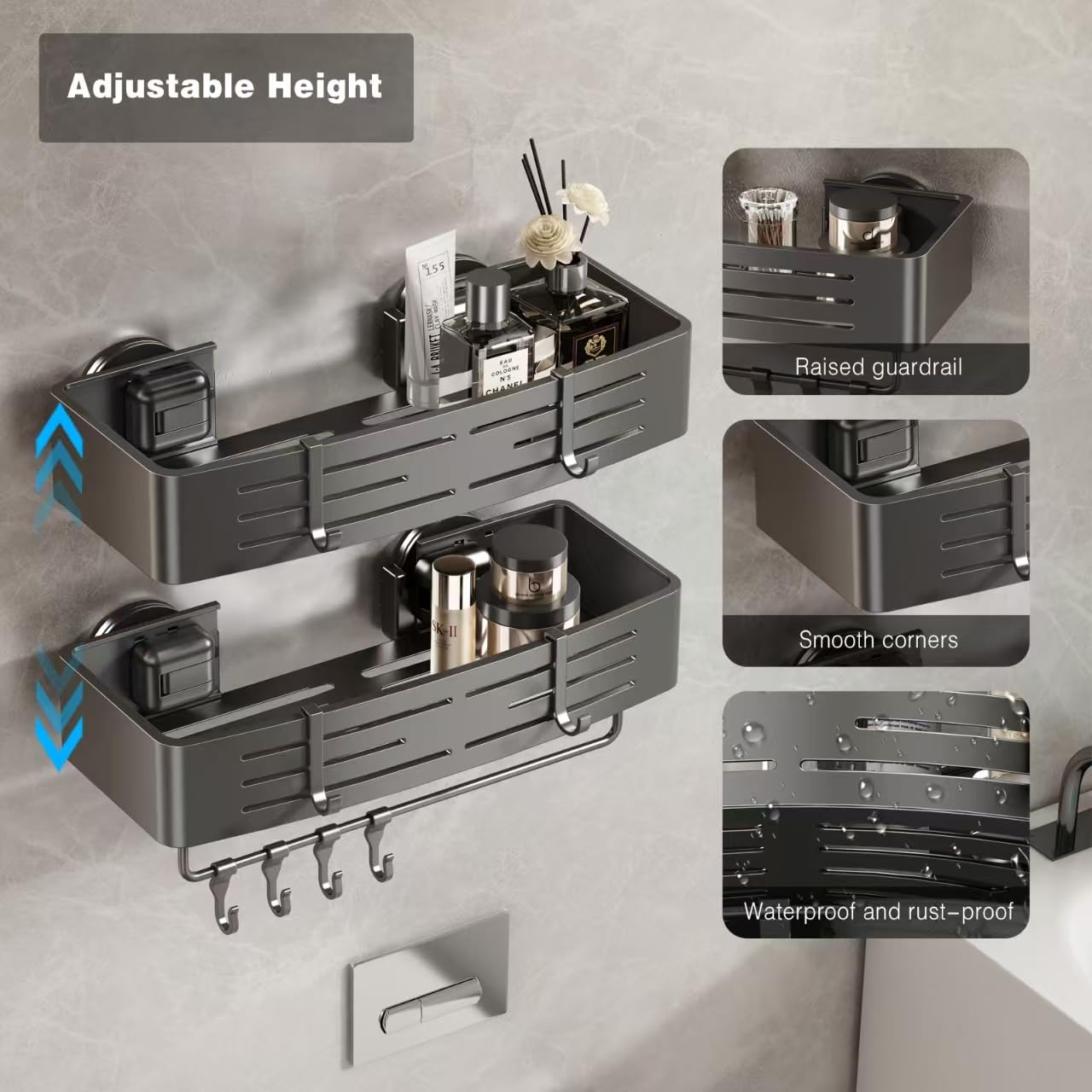 Voldra two-basket shower caddy design keeps shampoos neatly organized.