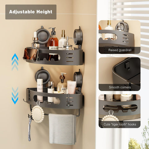 Voldra bathroom organizer showing towel bar and detachable hooks for daily use