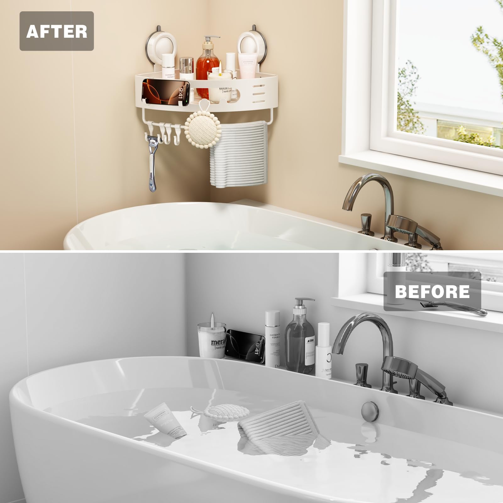 Voldra towel bar and hooks provide versatile drying space.
