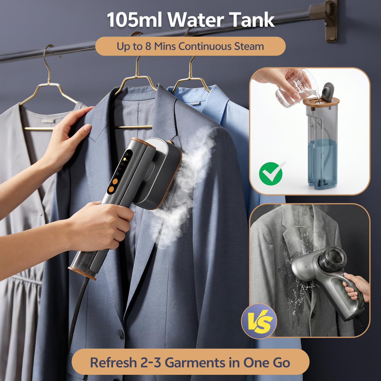 Voleeoa up to 8 minutes of continuous steam for multiple garments.