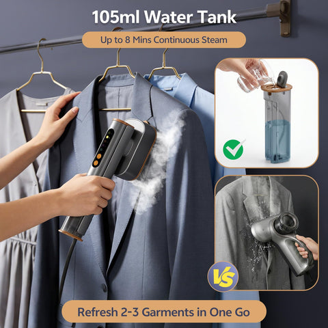 Voleeoa up to 8 minutes of continuous steam for multiple garments.