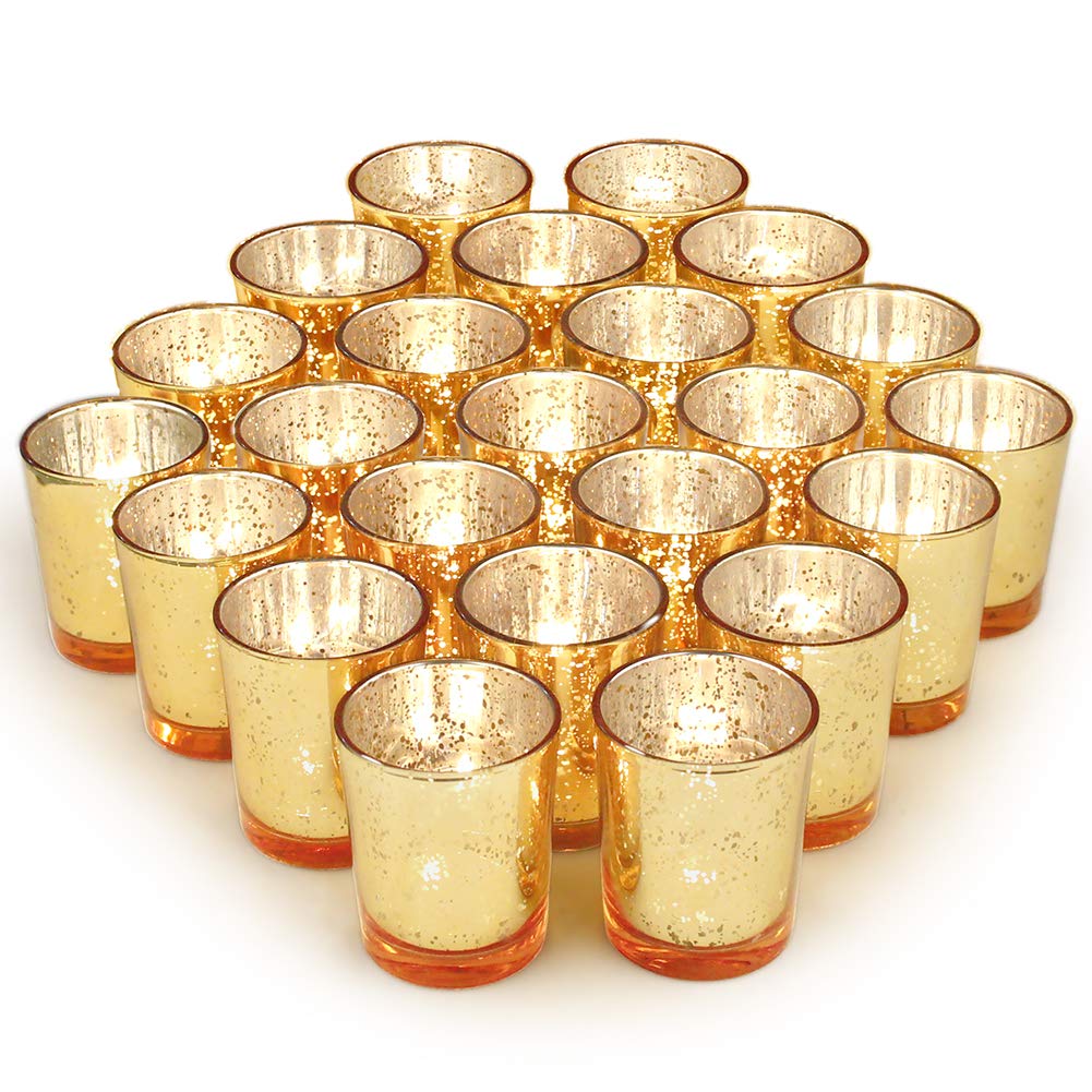Volens gold mercury glass votive 72pc set creates warm, elegant centerpiece lighting.
