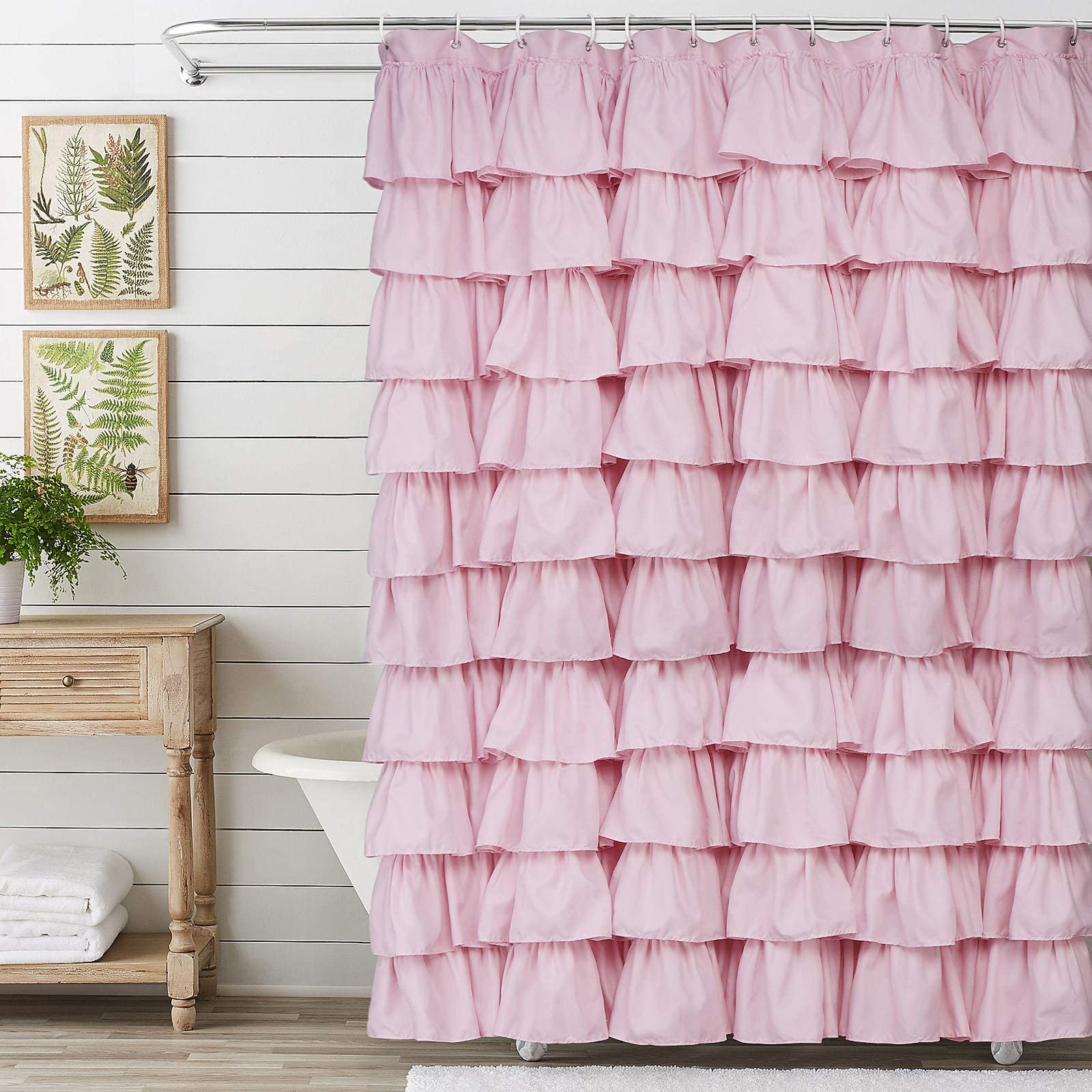 Volens pink-ruffle-shower-curtain full view brightens the bathroom.