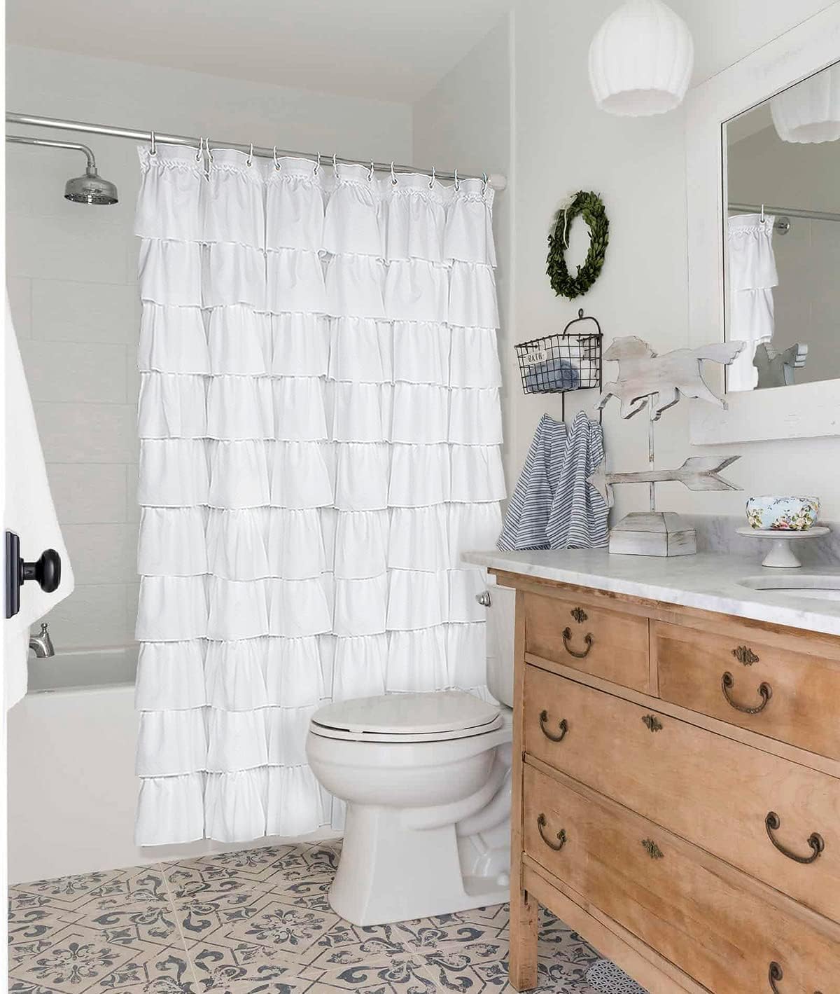Volens white ruffle shower curtain in a bright bathroom