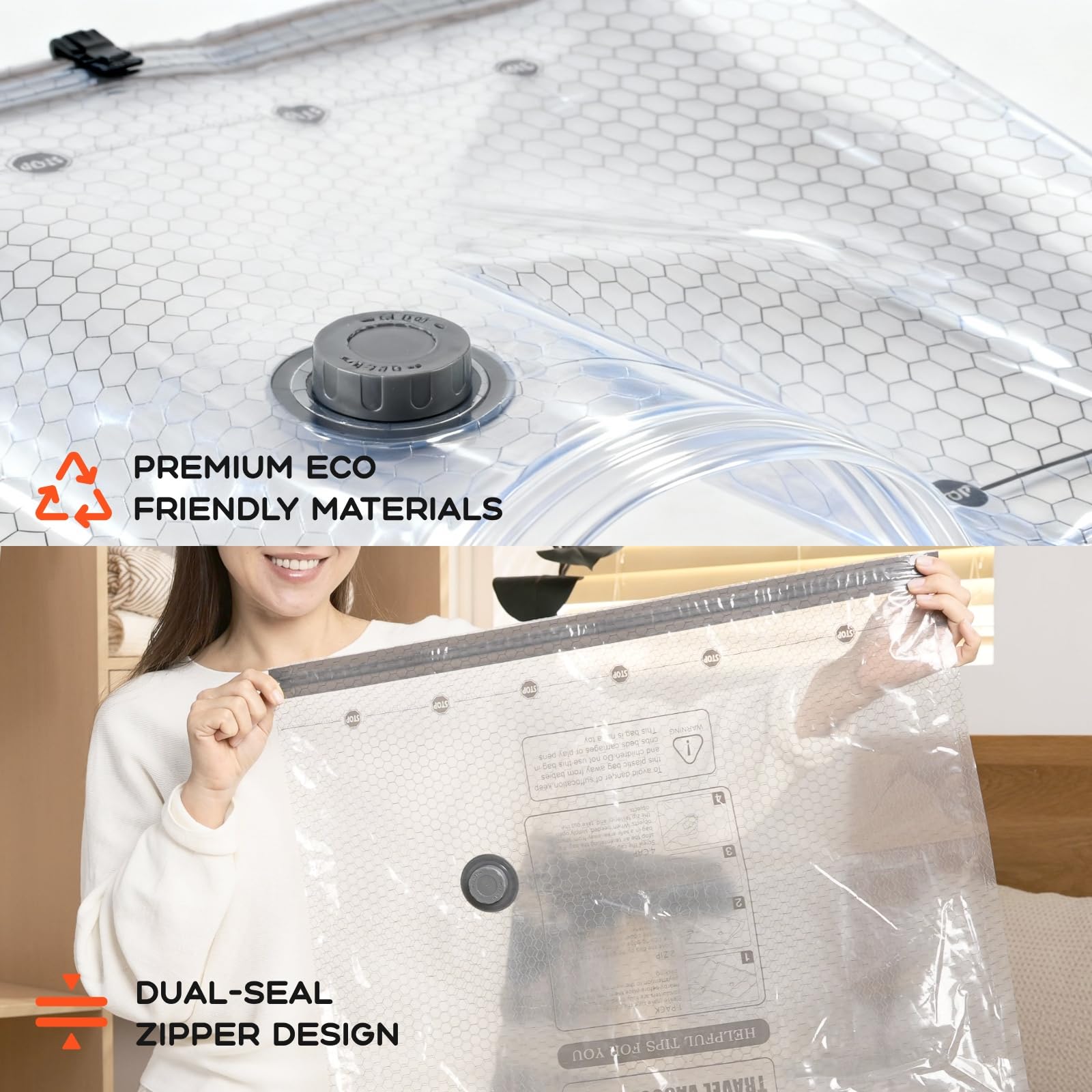 VOLLYC double zipper seal and one way valve preventing leaks during compression