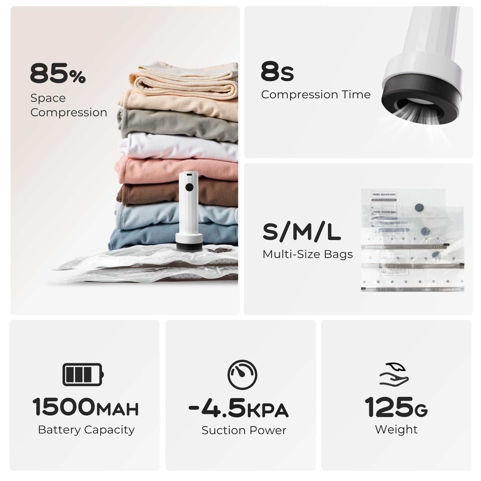 VOLLYC vacuum bags in small medium and large sizes ready for clothing organization