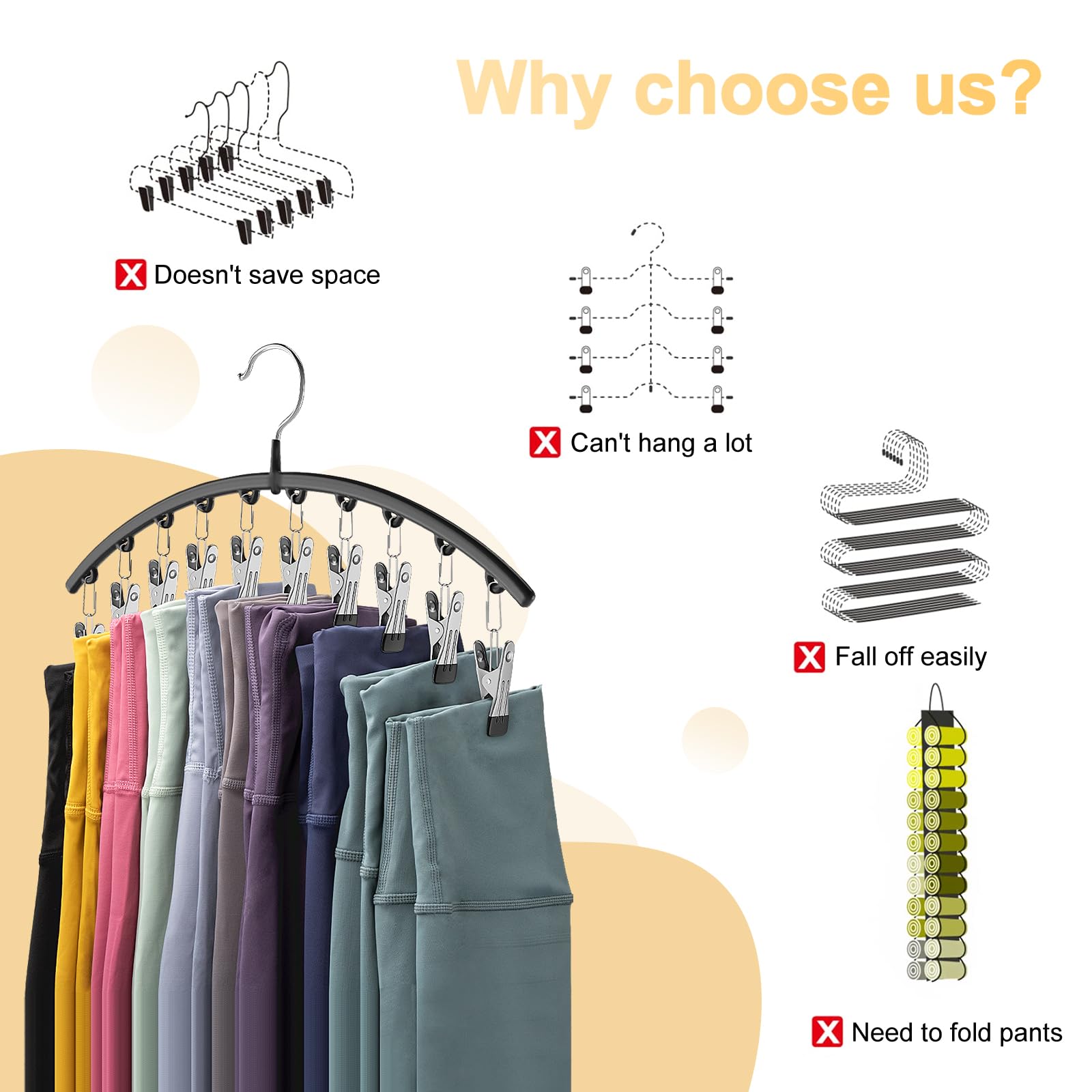 Volnamal hanger with 10 clips securely holds leggings and more.