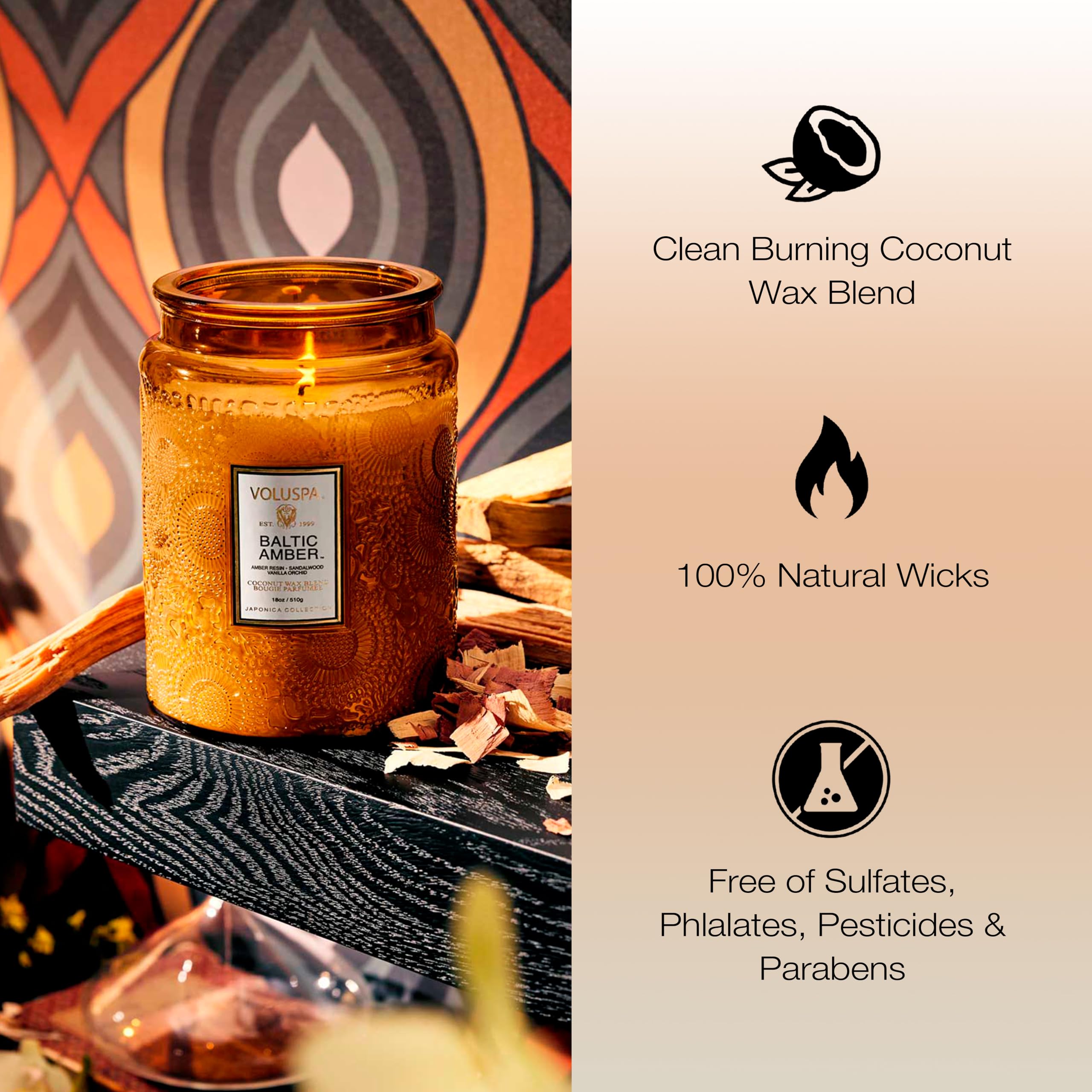 Voluspa 18 oz candle with long burn time in decorative glass jar.