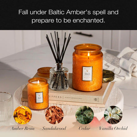 Voluspa amber resin sandalwood cedar vanilla orchid notes for a cozy mood.
